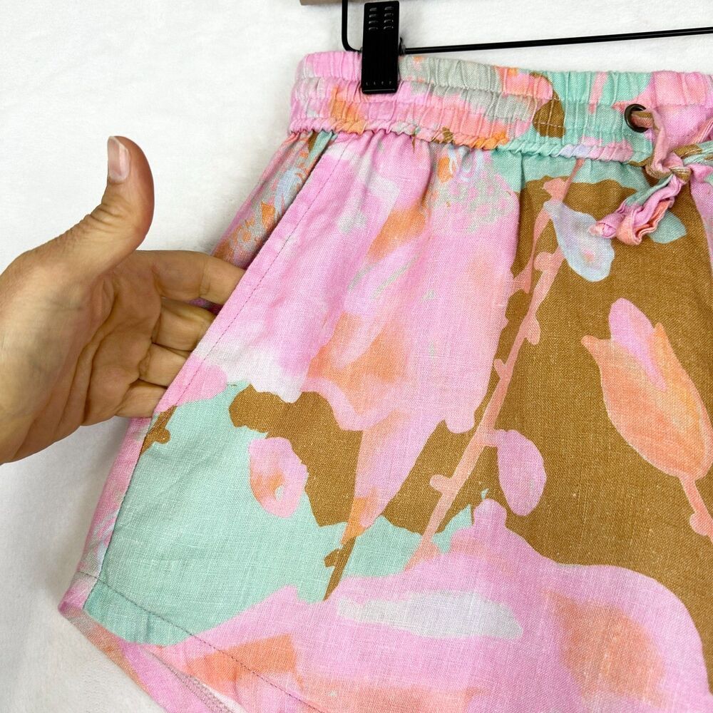Lanhtropy Linen Elastic Shorts Aquarela Size Medium Drawstring Pockets High Rise - Picture 4 of 6
